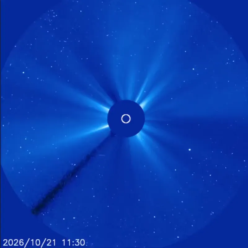 Blue coronagraph video with the sun hidden behind a dark disk, as solar material erupts and Mercury glides across view.