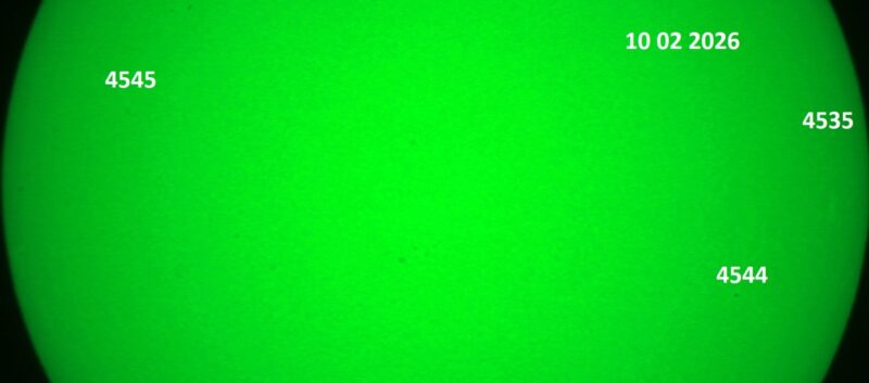 The sun, seen as a green sectional sphere with dark spots, each labeled.