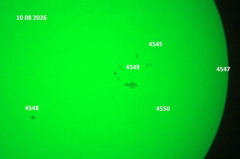 The sun, seen as a green sectional sphere with dark spots, each labeled.