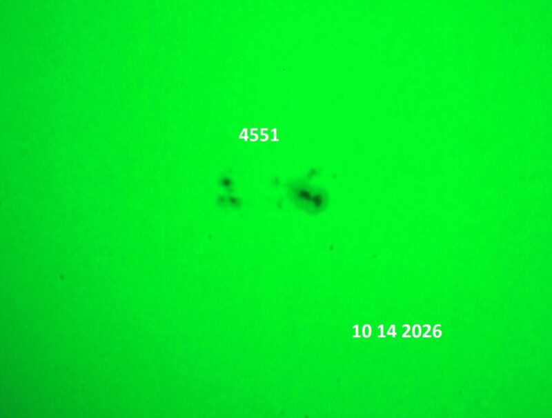 The sun, seen as a green sectional sphere with dark spots, each labeled.