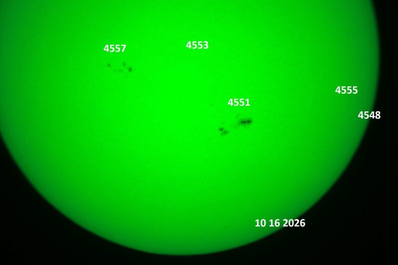 The sun, seen as a green sectional sphere with dark spots, each labeled.