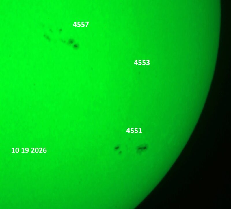 The sun, seen as a green sectional sphere with dark spots, each labeled.
