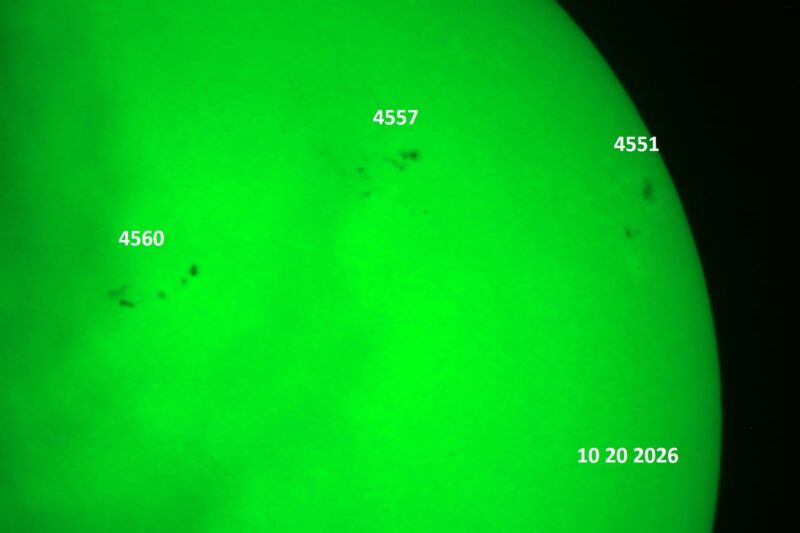The sun, seen as a green sectional sphere with dark spots, each labeled.