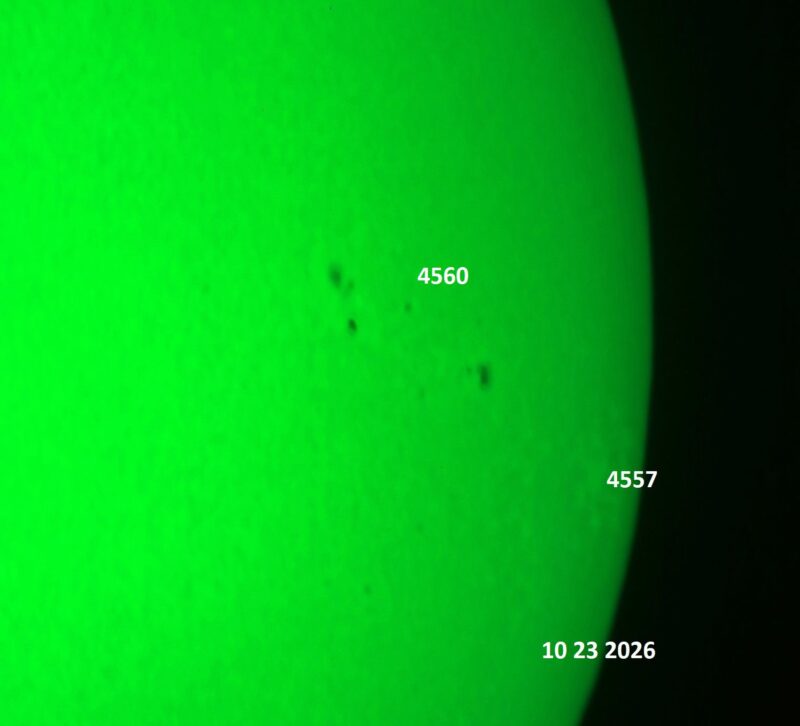 The sun, seen as a green sectional sphere with dark spots, each labeled.