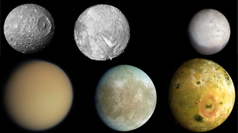Most bizarre moons: A collage of moons with different colors and surface markings.