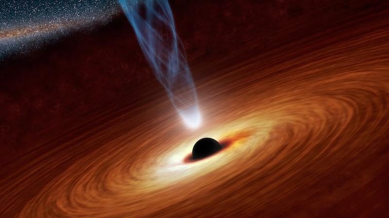 Large, bright spiraling disk of material in space, with a smaller black sphere in the center. A twisting ray of bluish light is projecting upward from the sphere.