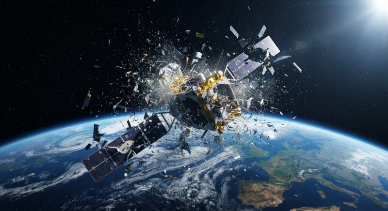 Satellite breakup: Illustration of a satellite with solar panels breaking up in Earth orbit.
