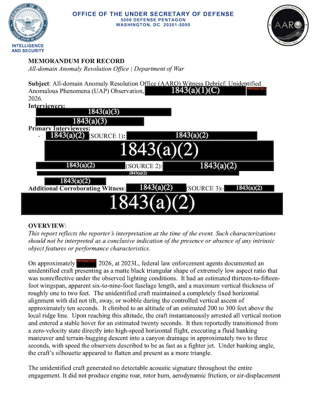 Pentagon UAP files: Document in black and white with some of the text blacked out.