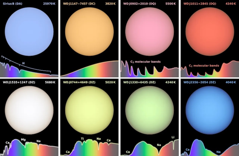 True colors of white dwarf stars: 8 spheres in 2 rows, in pink, blue, yellow, orange, reddish, and green.